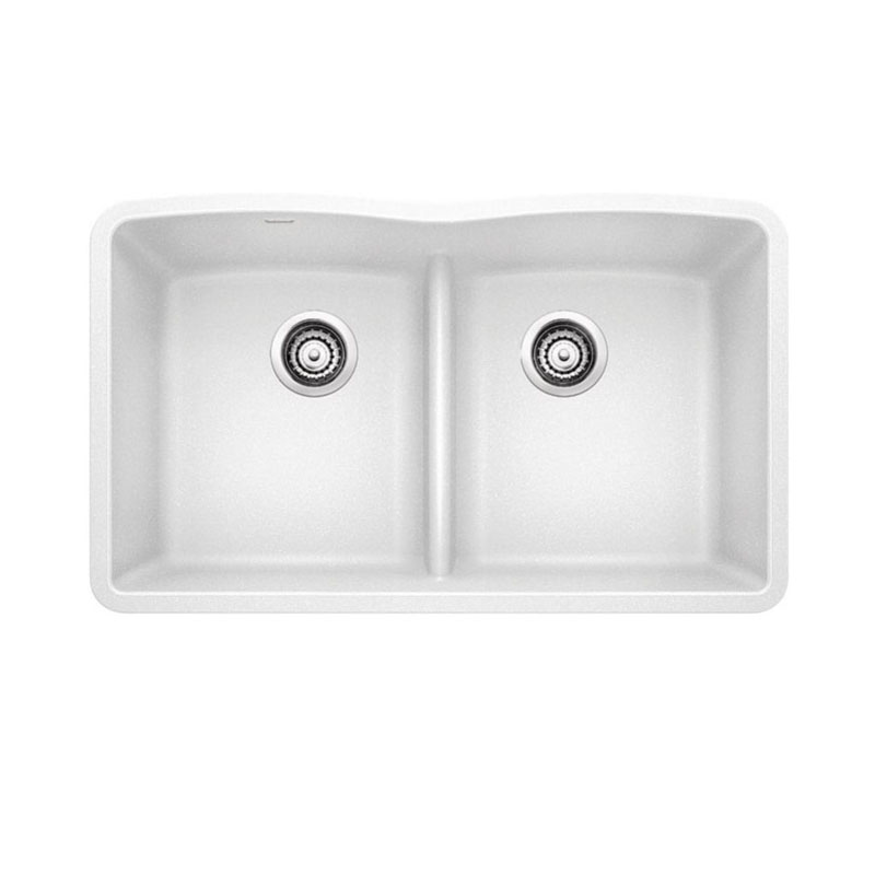 Diamond Equal Double Bowl Kitchen Sink with Low Divide - White