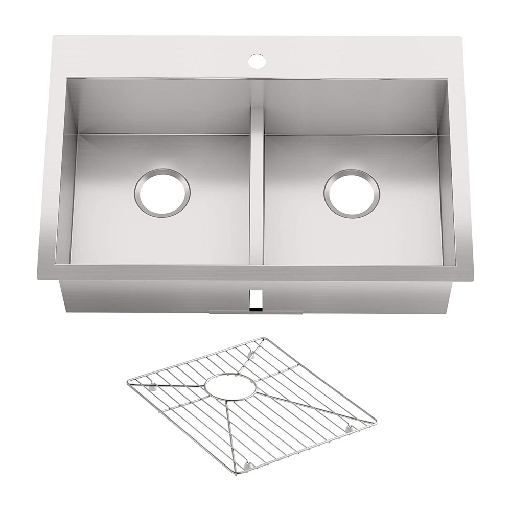 Kohler Vault 33 Double Basin Top-Mount/Under-Mount 18-Gauge Stainless  Steel Kitchen Sink with SilentShield and Bottom Sink Rack